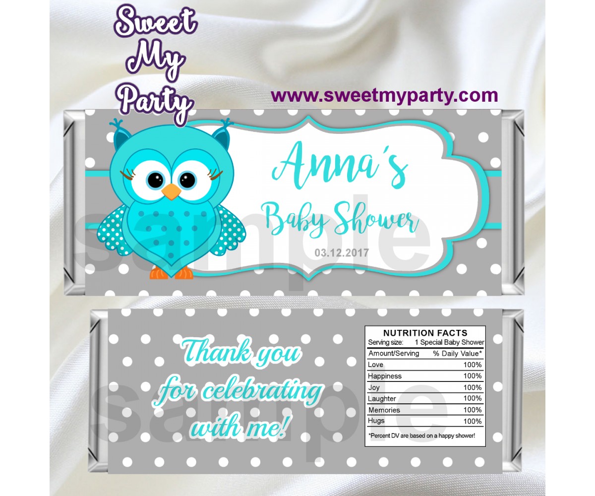 Owl Candy Bar Wrappers,Turquoise Owl Baby Shower Candy Bar Wrappers,(01obs)
